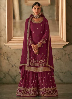 Maroon and Gold Heavy Embroidered Stylish Palazzo Suit