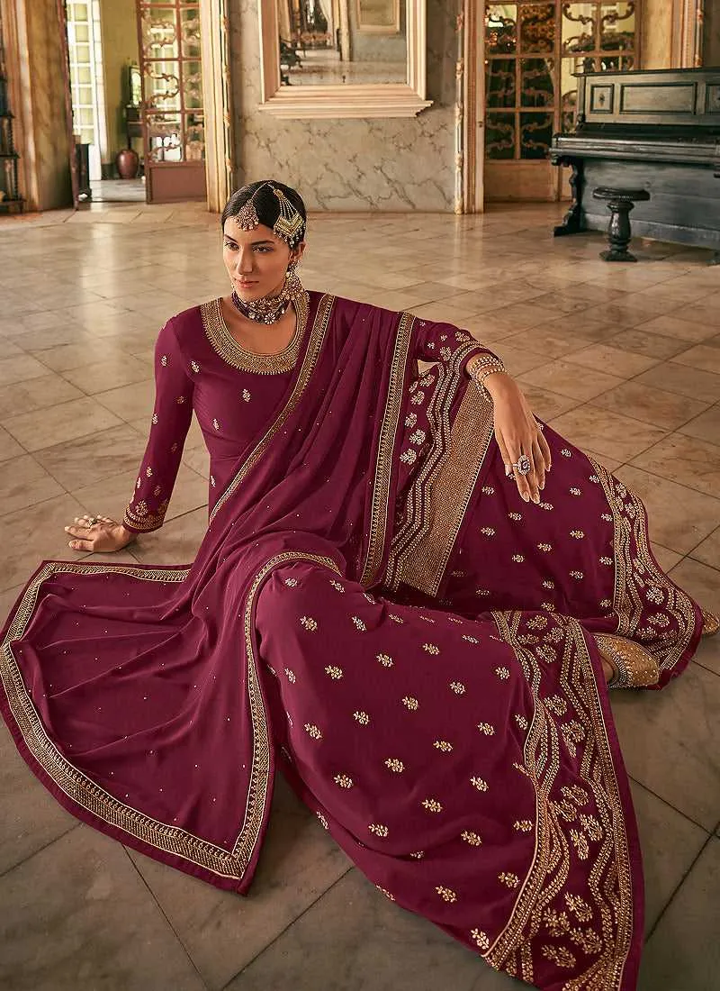 Maroon and Gold Heavy Embroidered Stylish Palazzo Suit