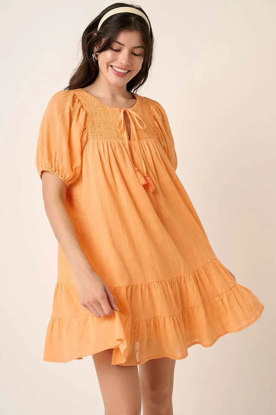 Mittoshop Tassel Tie Plaid Gauze Short Sleeve Mini Dress