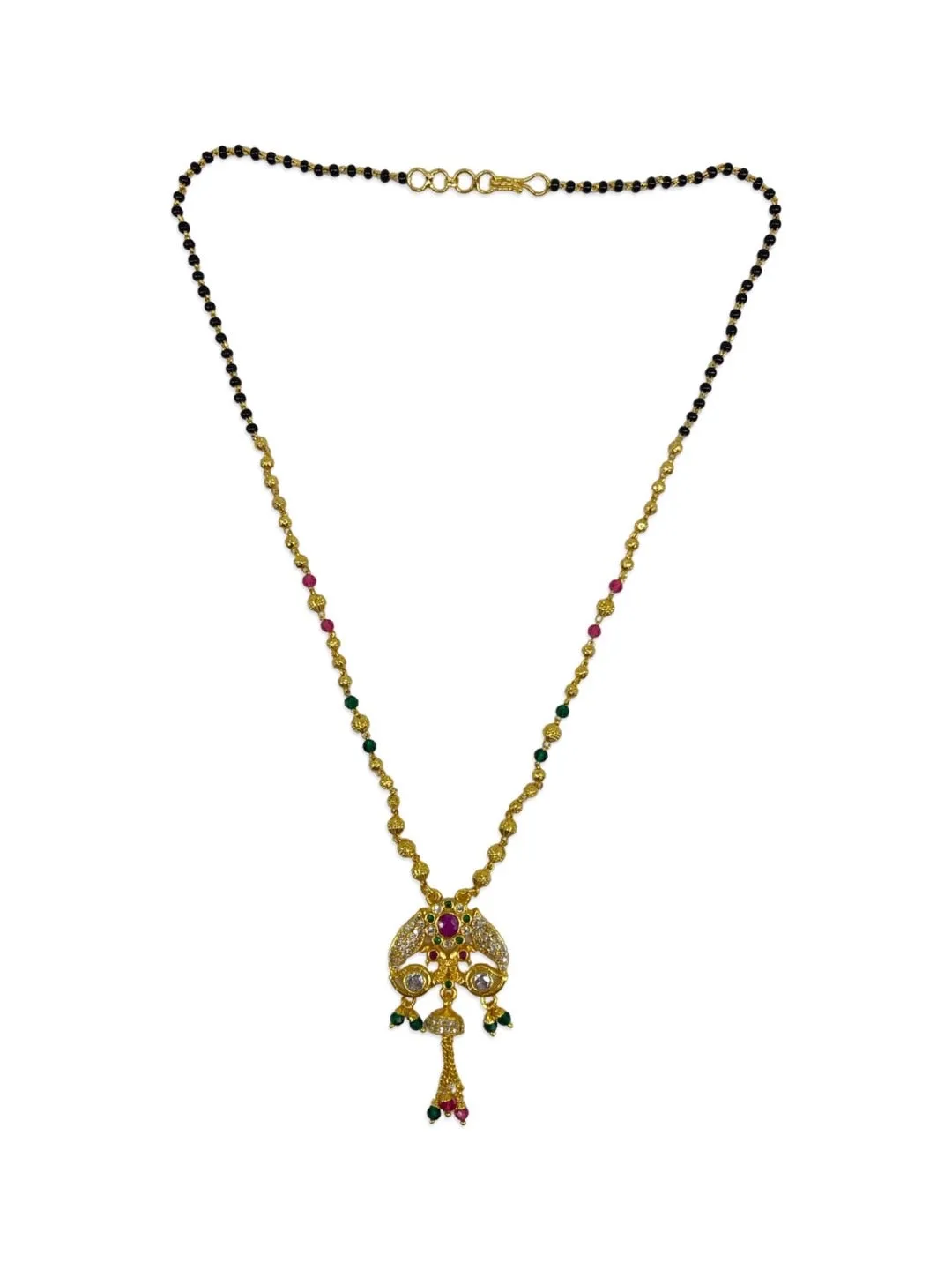 Modern Stylish Short Mangalsutra Designs AD Peacock Pendant With Latkan Gold And Black Beads Chain