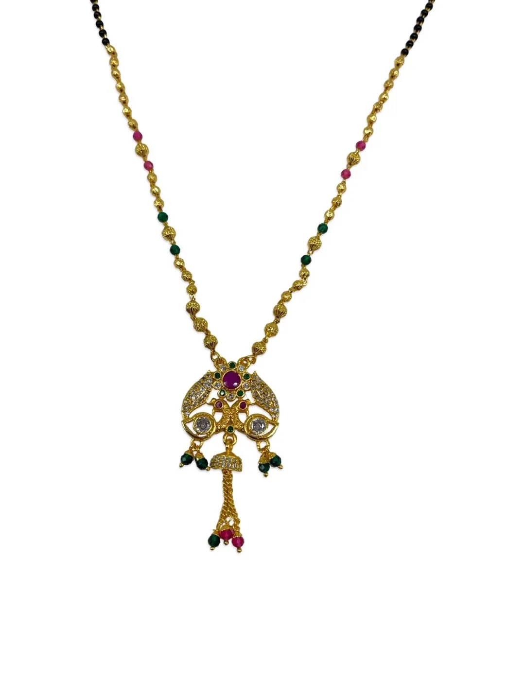 Modern Stylish Short Mangalsutra Designs AD Peacock Pendant With Latkan Gold And Black Beads Chain