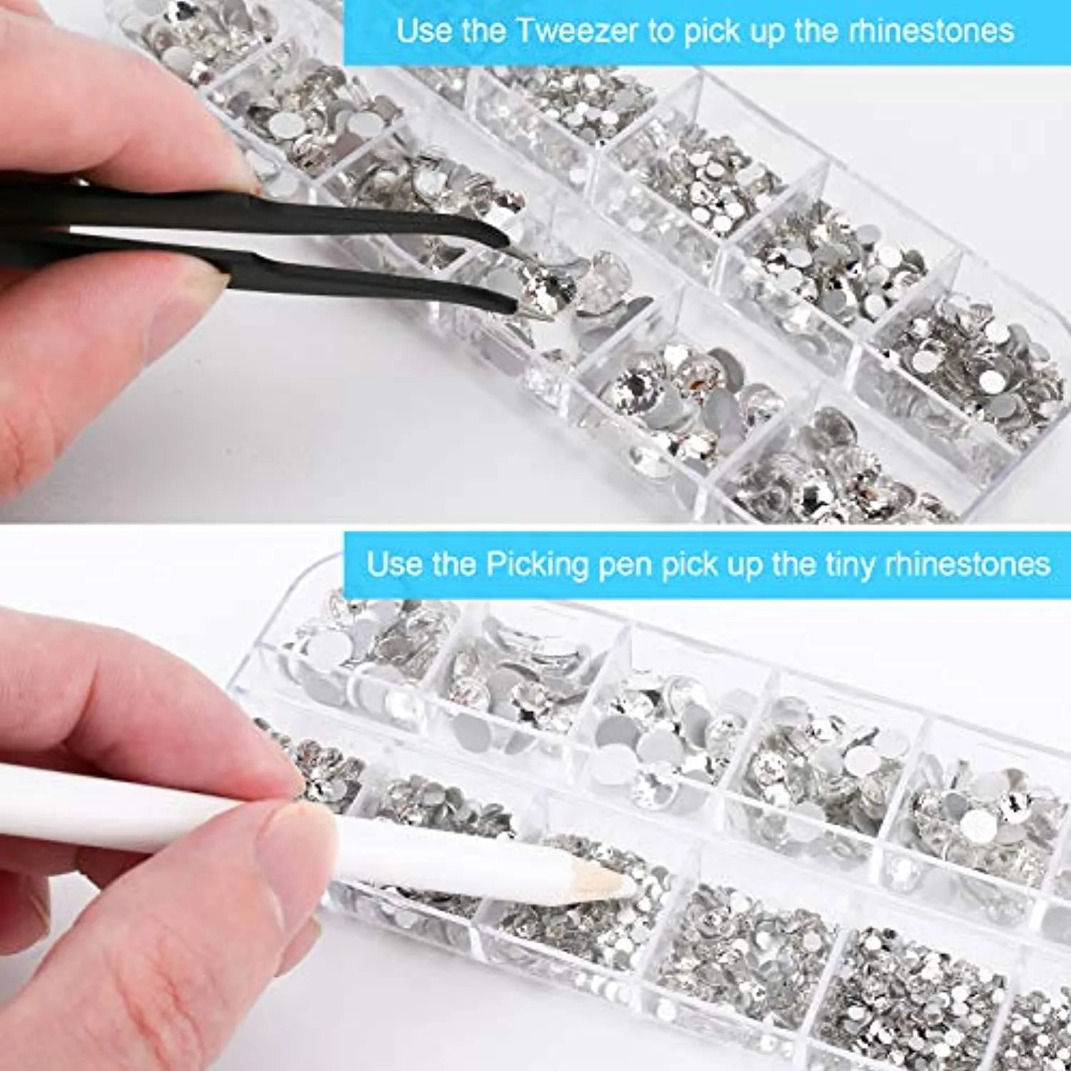 Nail Art Rhinestones Crystal, 2000PCS Clear Round Flat Back Gems with Tweezer and Picking Pen for Crafts Nail Art Eye Makeup Clothes Shoes Bags DIY Decoration(6 Sizes, 1.5-6mm)
