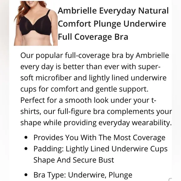 Natural Comfort Lightly Lined Full Coverage Black Underwire Bra Ambrielle 42D