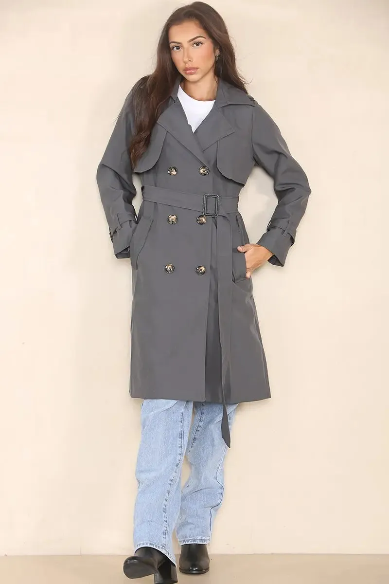 Notch Lapel Double Breasted Belt Decor Trench Coat