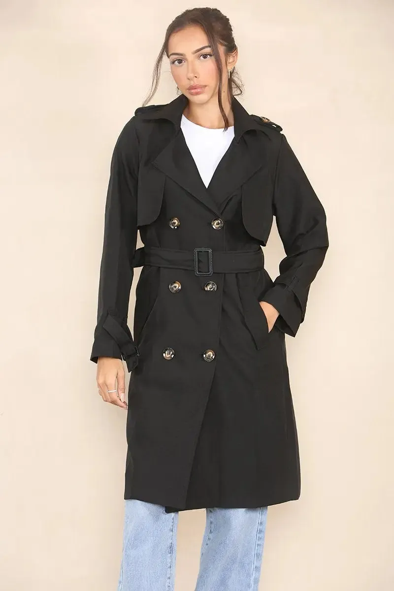 Notch Lapel Double Breasted Belt Decor Trench Coat