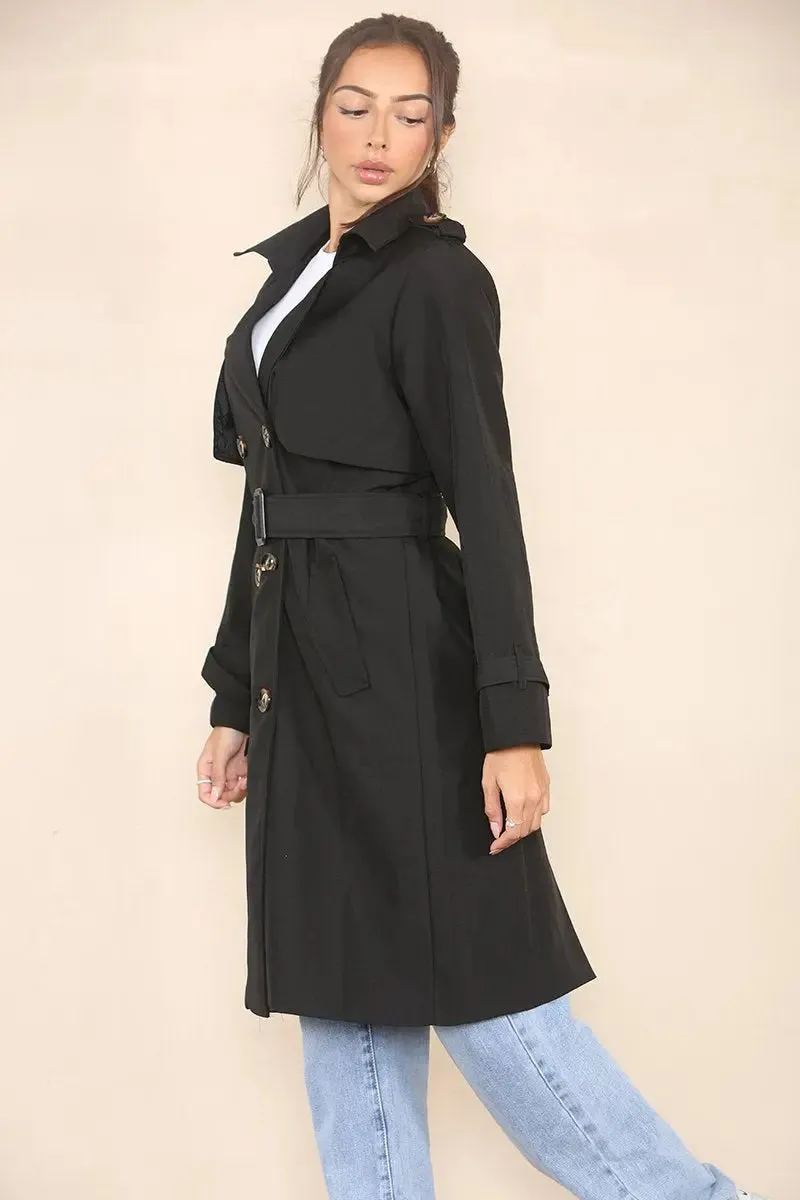 Notch Lapel Double Breasted Belt Decor Trench Coat
