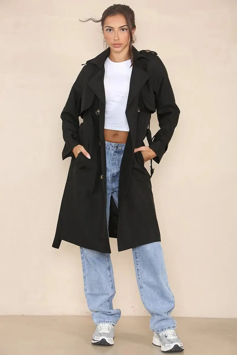 Notch Lapel Double Breasted Belt Decor Trench Coat