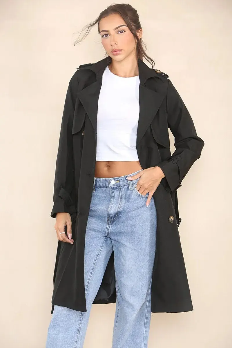 Notch Lapel Double Breasted Belt Decor Trench Coat