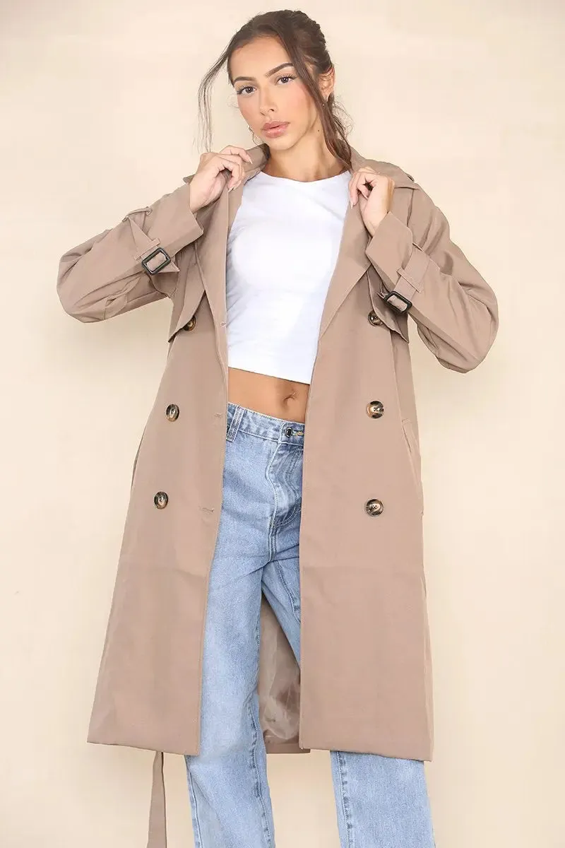 Notch Lapel Double Breasted Belt Decor Trench Coat