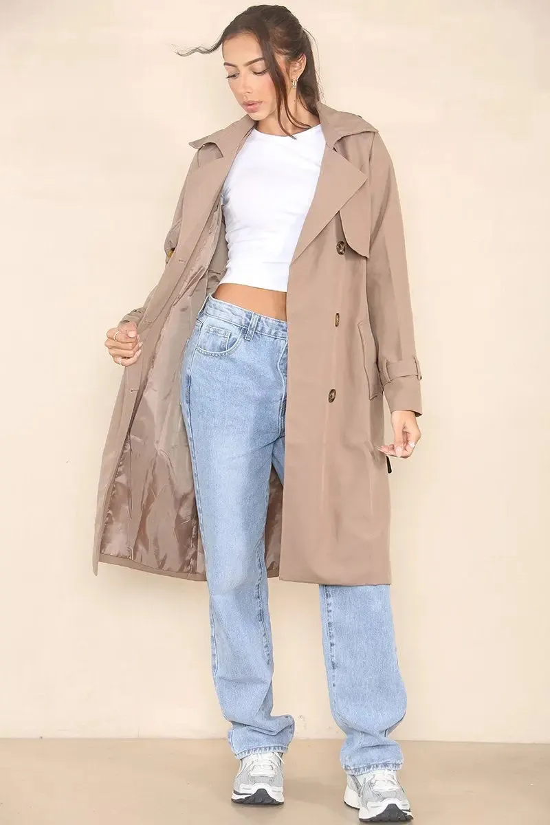 Notch Lapel Double Breasted Belt Decor Trench Coat
