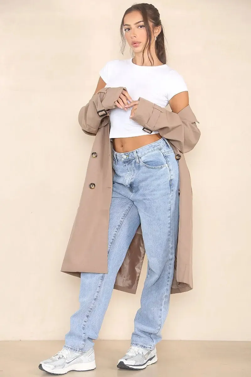Notch Lapel Double Breasted Belt Decor Trench Coat