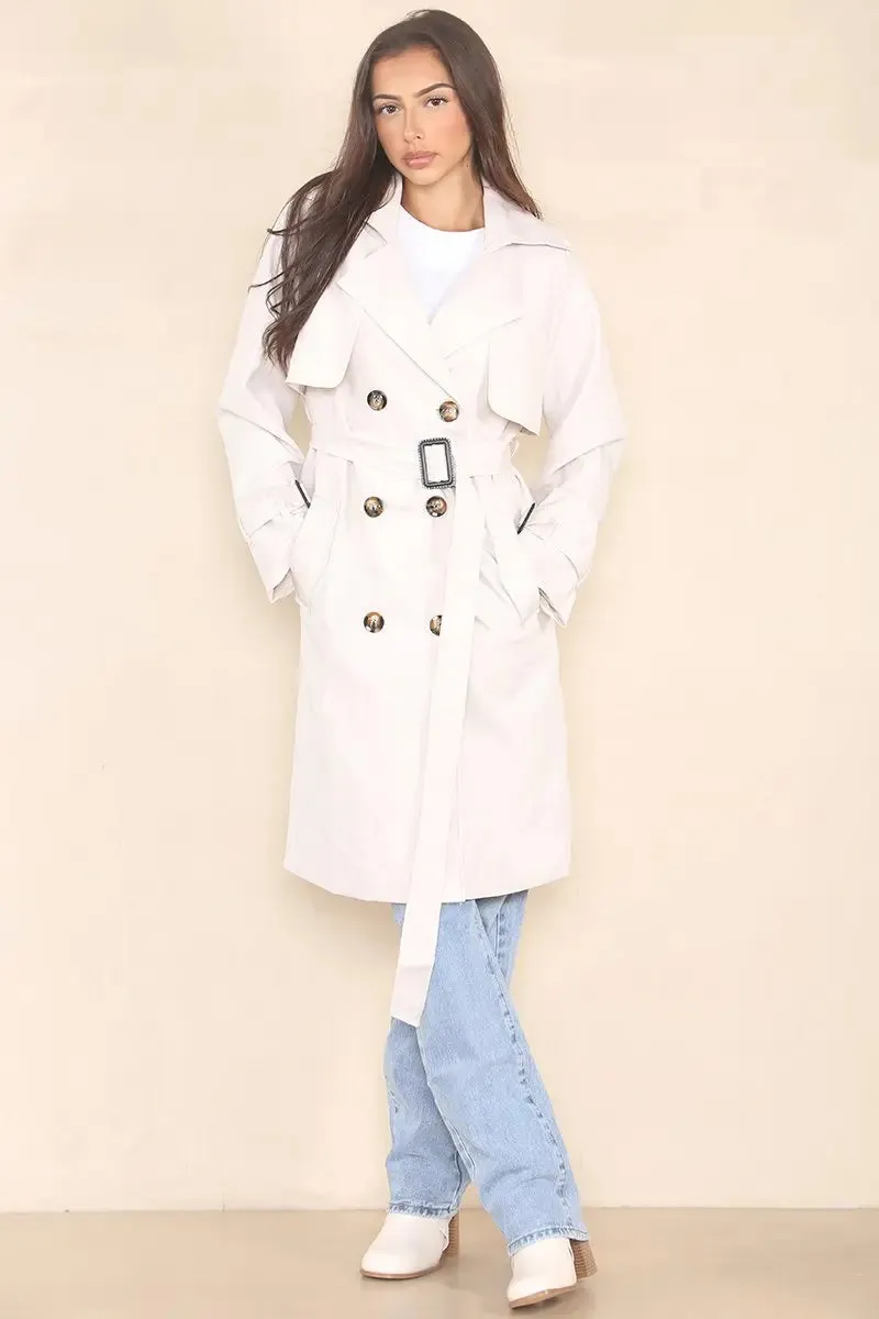 Notch Lapel Double Breasted Belt Decor Trench Coat