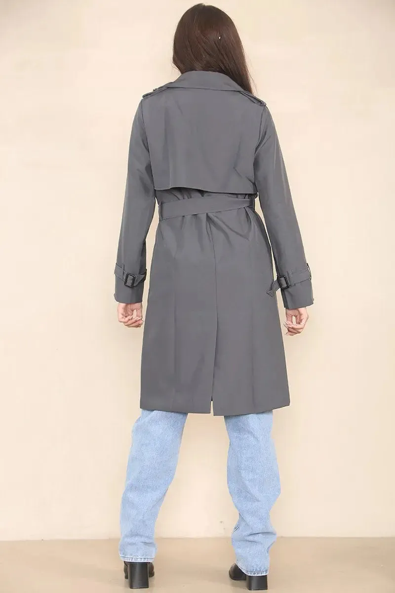 Notch Lapel Double Breasted Belt Decor Trench Coat