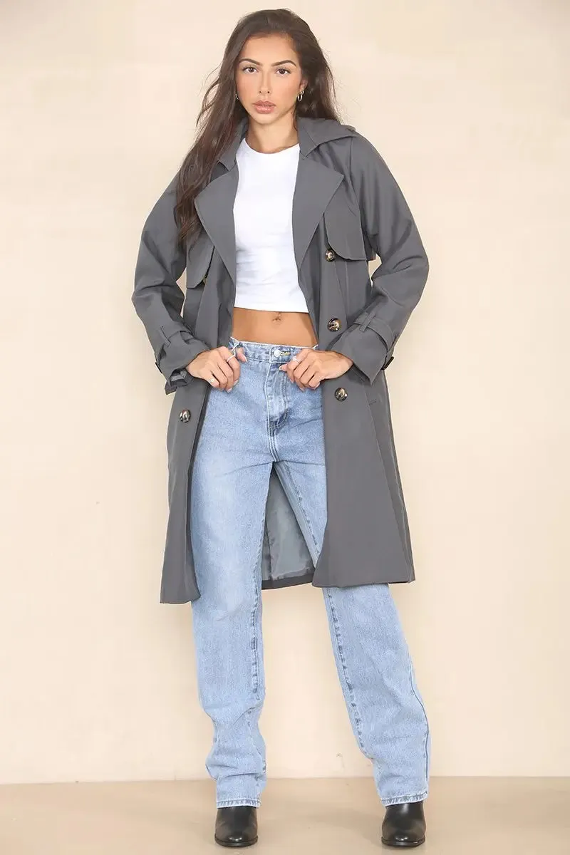 Notch Lapel Double Breasted Belt Decor Trench Coat