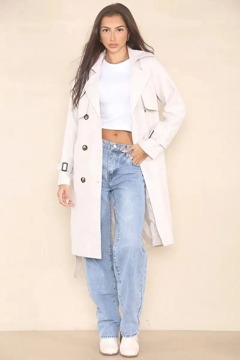 Notch Lapel Double Breasted Belt Decor Trench Coat