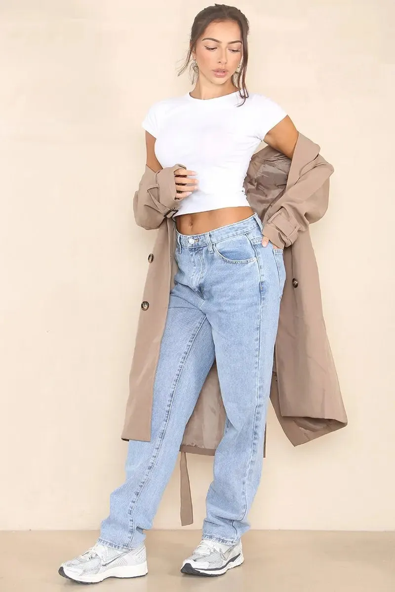Notch Lapel Double Breasted Belt Decor Trench Coat