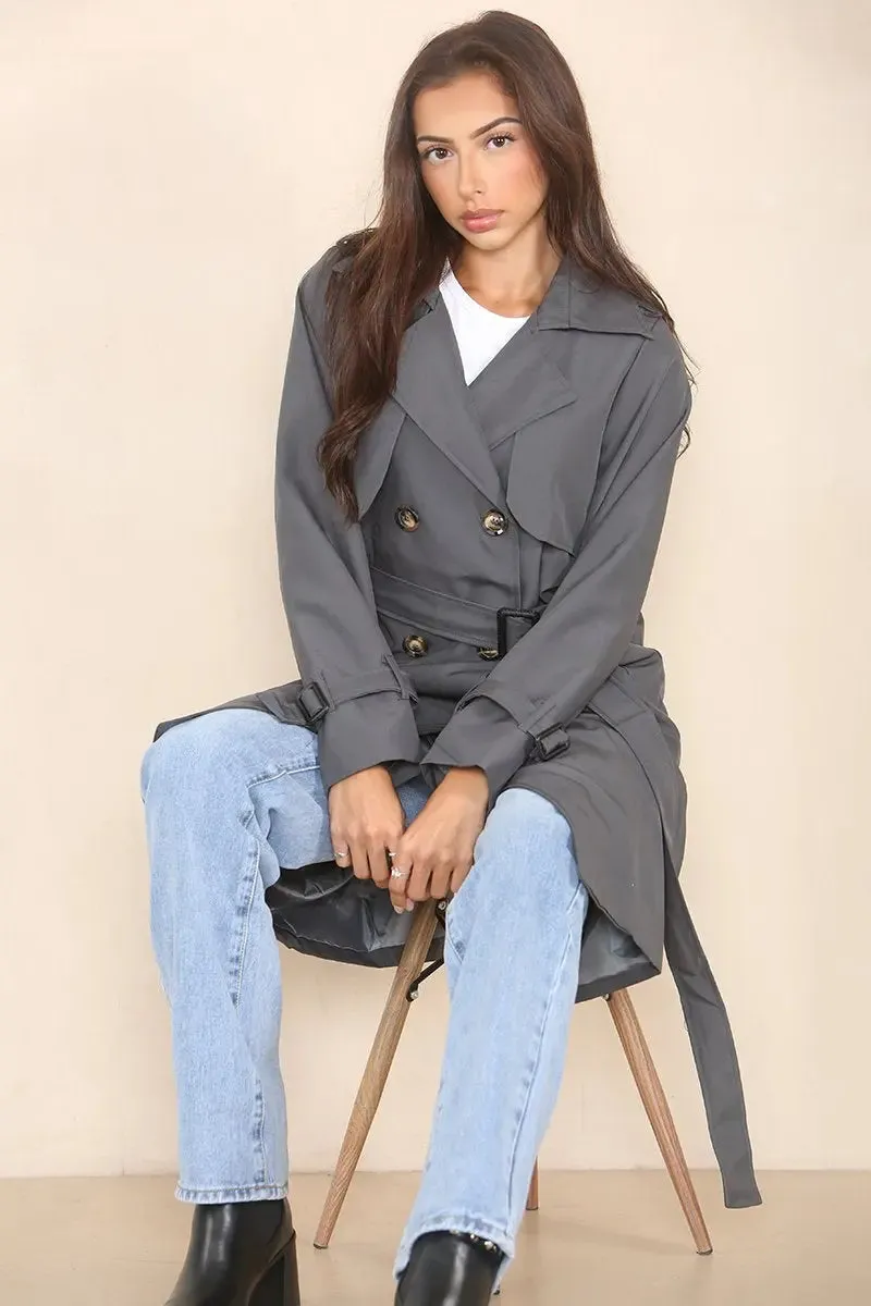 Notch Lapel Double Breasted Belt Decor Trench Coat