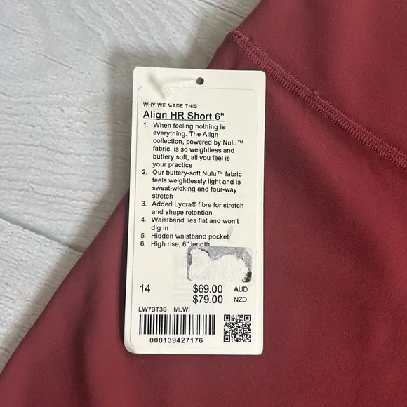 NWT Lululemon Align HR Short 6” sz 14 MLWI Mulled Wine