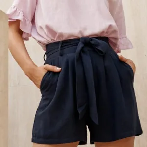 NWT Michael Stars Admiral Navy Blue Bex Linen Pleated Tie Waist Shorts M