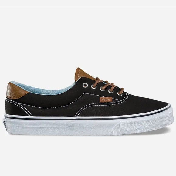 NWT Vans Classic Era 59 Sneakers in Black C &amp; L Acid Denim Brown Leather Trim​
