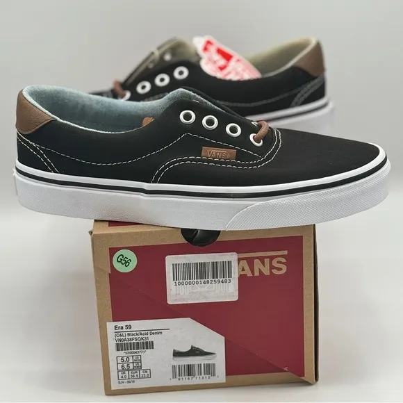 NWT Vans Classic Era 59 Sneakers in Black C &amp; L Acid Denim Brown Leather Trim​