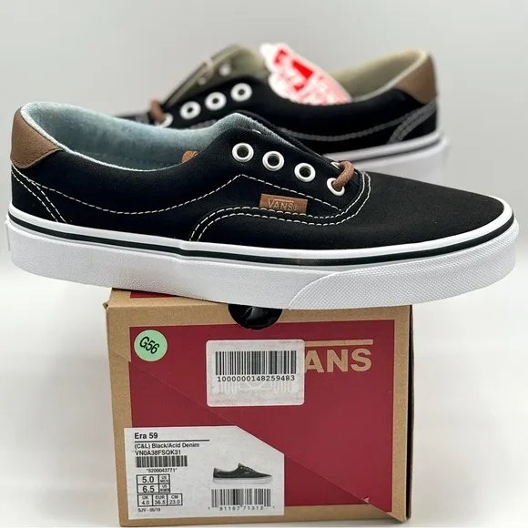 NWT Vans Classic Era 59 Sneakers in Black C &amp; L Acid Denim Brown Leather Trim​