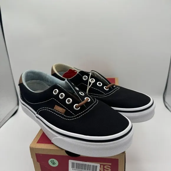 NWT Vans Classic Era 59 Sneakers in Black C &amp; L Acid Denim Brown Leather Trim​