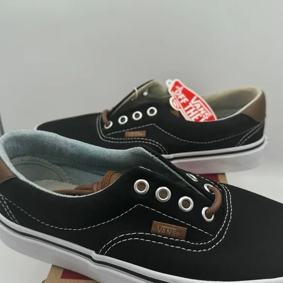 NWT Vans Classic Era 59 Sneakers in Black C &amp; L Acid Denim Brown Leather Trim​