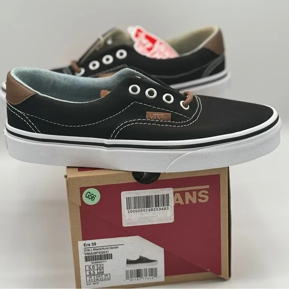 NWT Vans Classic Era 59 Sneakers in Black C &amp; L Acid Denim Brown Leather Trim​