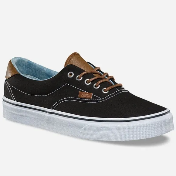 NWT Vans Classic Era 59 Sneakers in Black C &amp; L Acid Denim Brown Leather Trim​