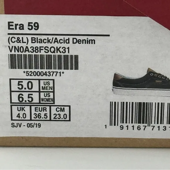 NWT Vans Classic Era 59 Sneakers in Black C &amp; L Acid Denim Brown Leather Trim​