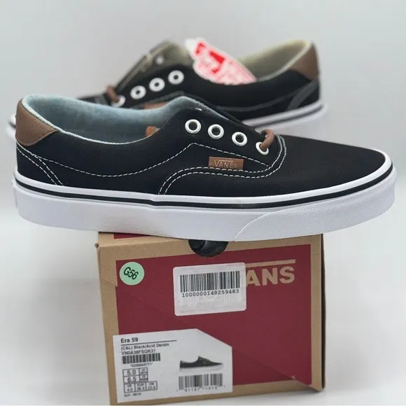 NWT Vans Classic Era 59 Sneakers in Black C &amp; L Acid Denim Brown Leather Trim​