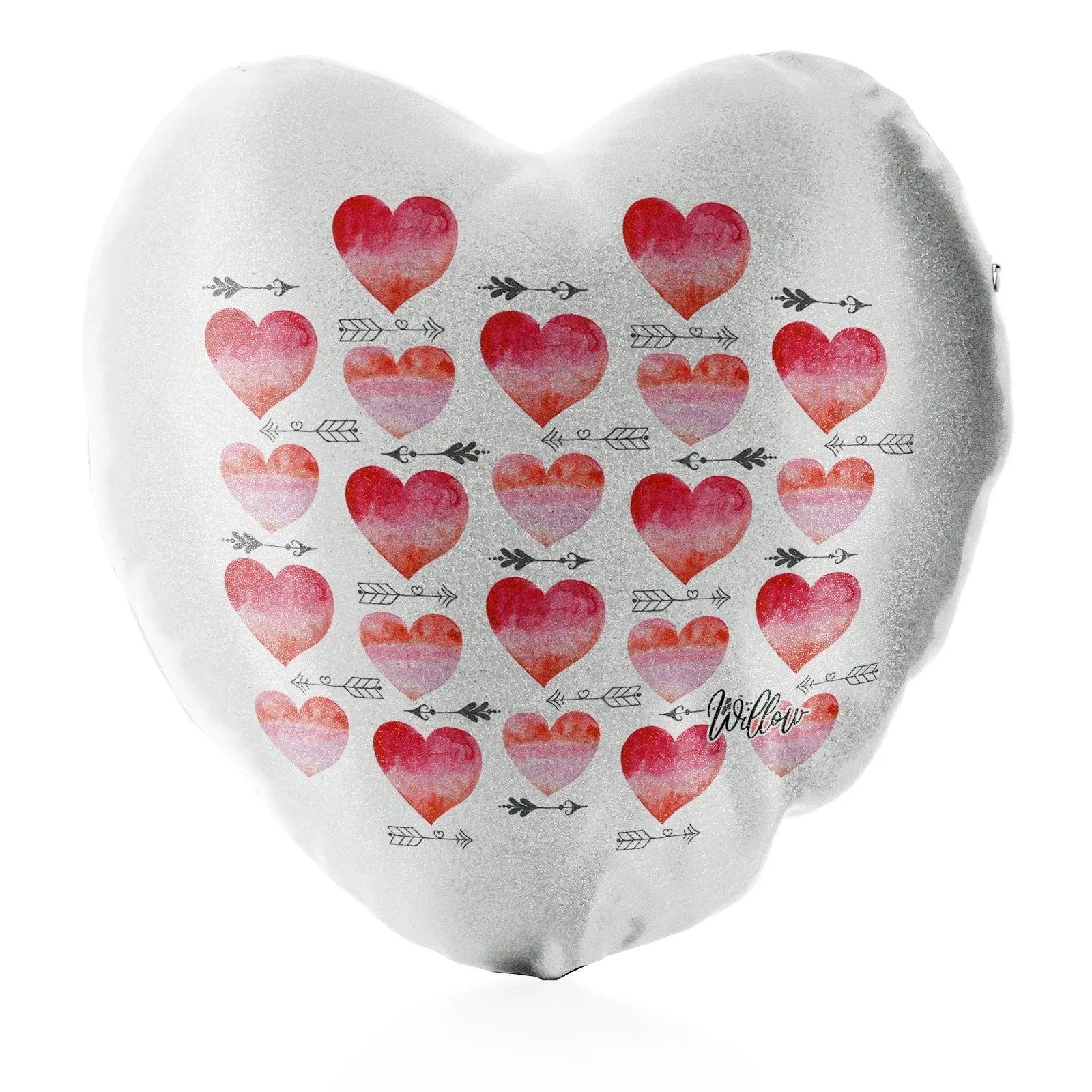 Personalised Glitter Heart Cushion with Stylish Text and Arrow Love Hearts Print