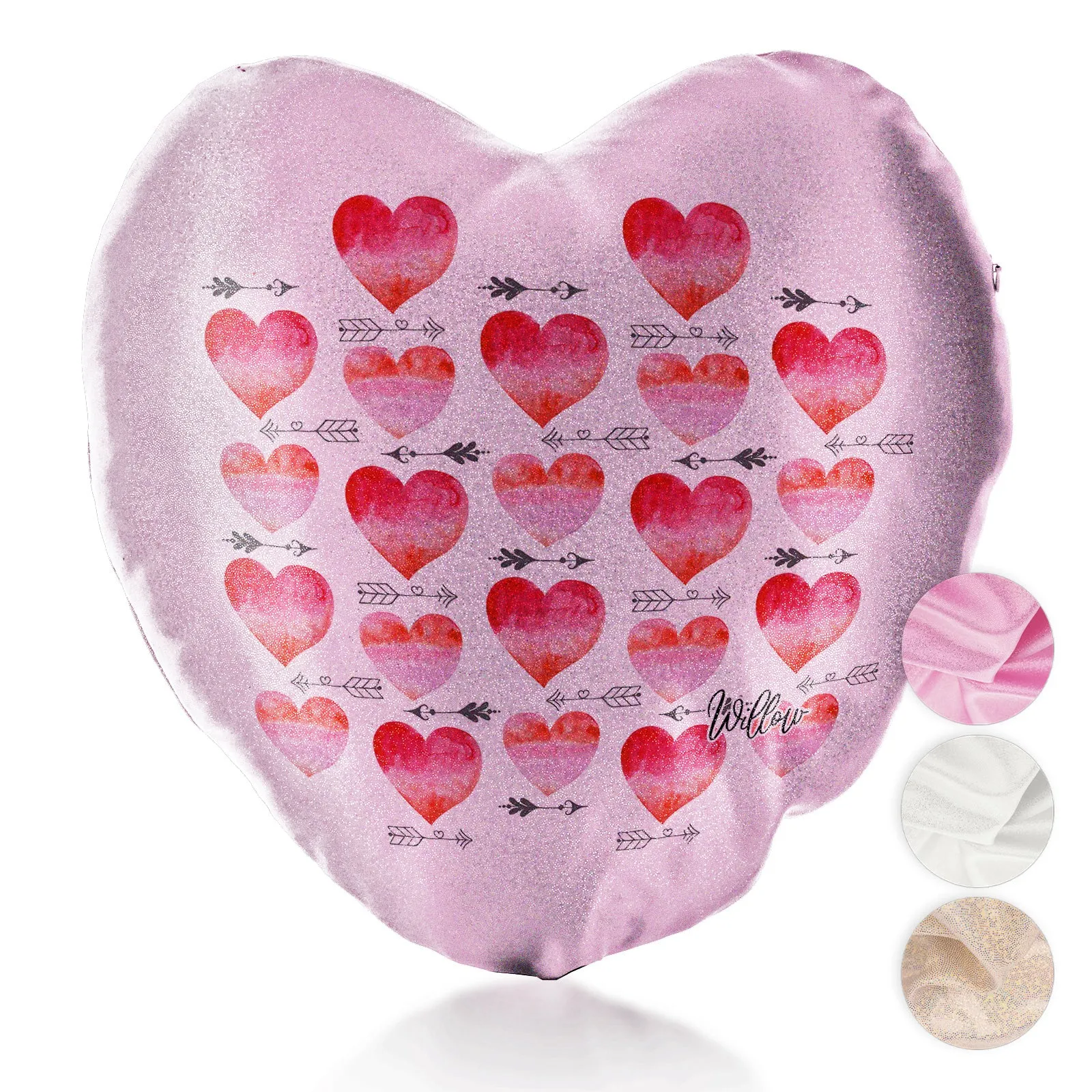 Personalised Glitter Heart Cushion with Stylish Text and Arrow Love Hearts Print