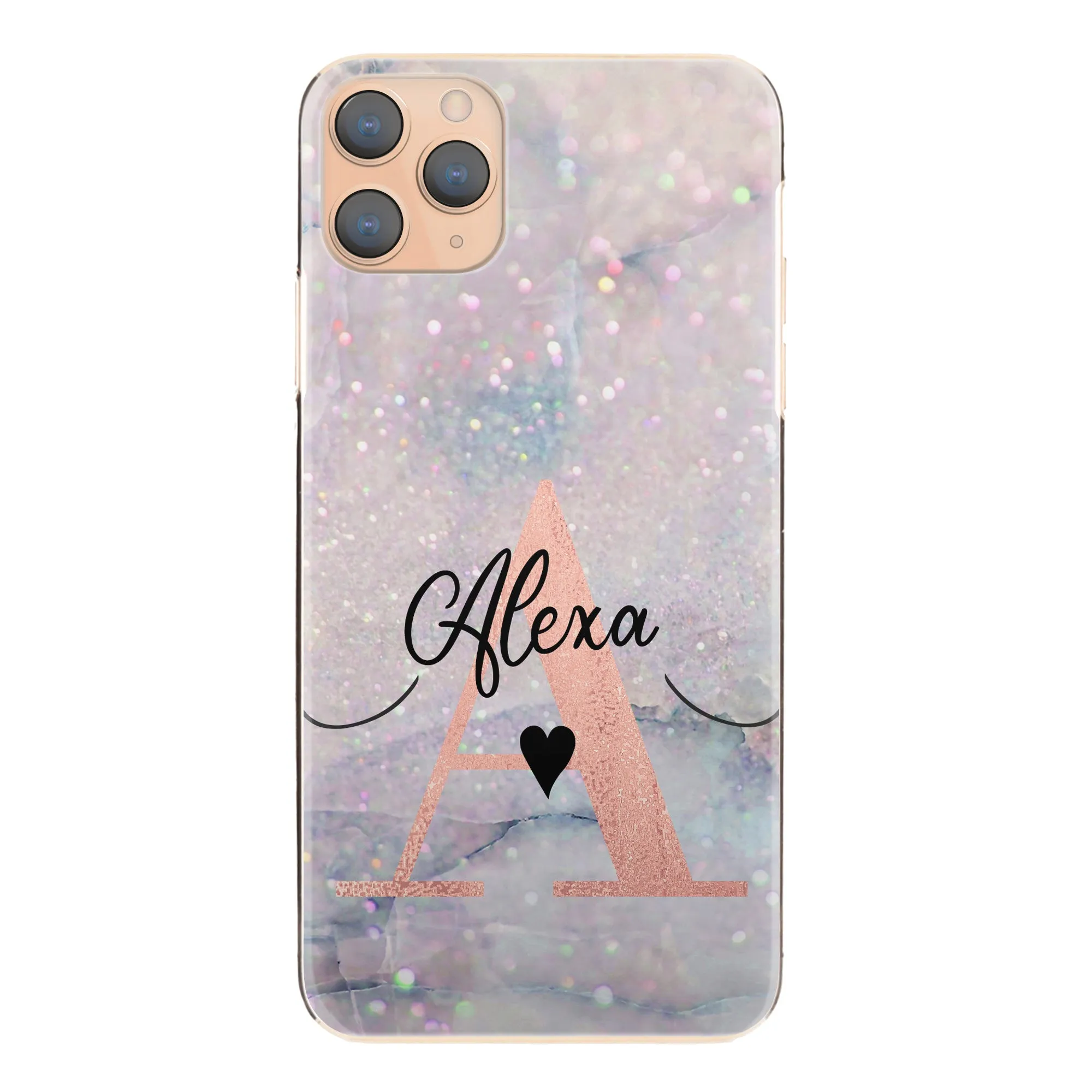 Personalised HTC Phone Hard Case with Stylish Heart Text and Pink Initial on Textured Glitter Effect