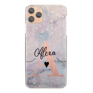 Personalised HTC Phone Hard Case with Stylish Heart Text and Pink Initial on Textured Glitter Effect
