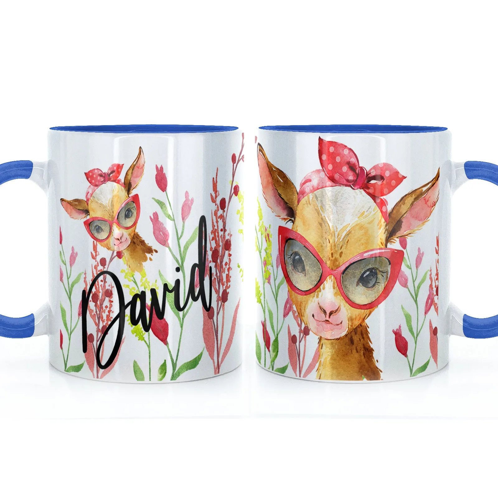 Personalised Mug with Stylish Text and Ginger Goat & Red Flowers
