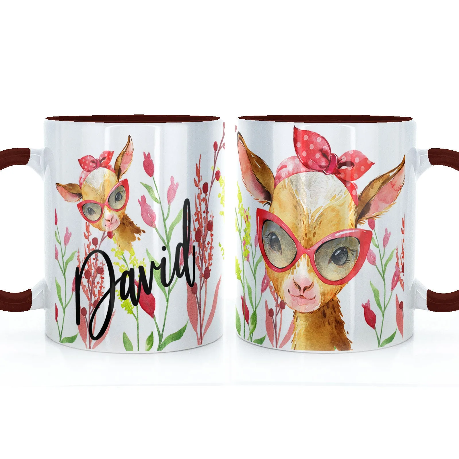 Personalised Mug with Stylish Text and Ginger Goat & Red Flowers