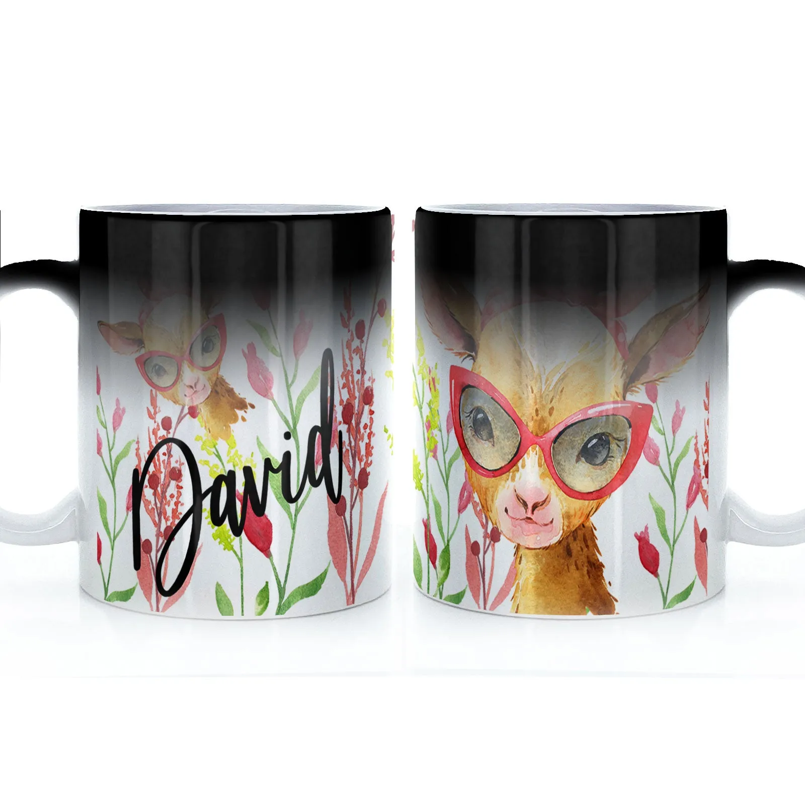 Personalised Mug with Stylish Text and Ginger Goat & Red Flowers