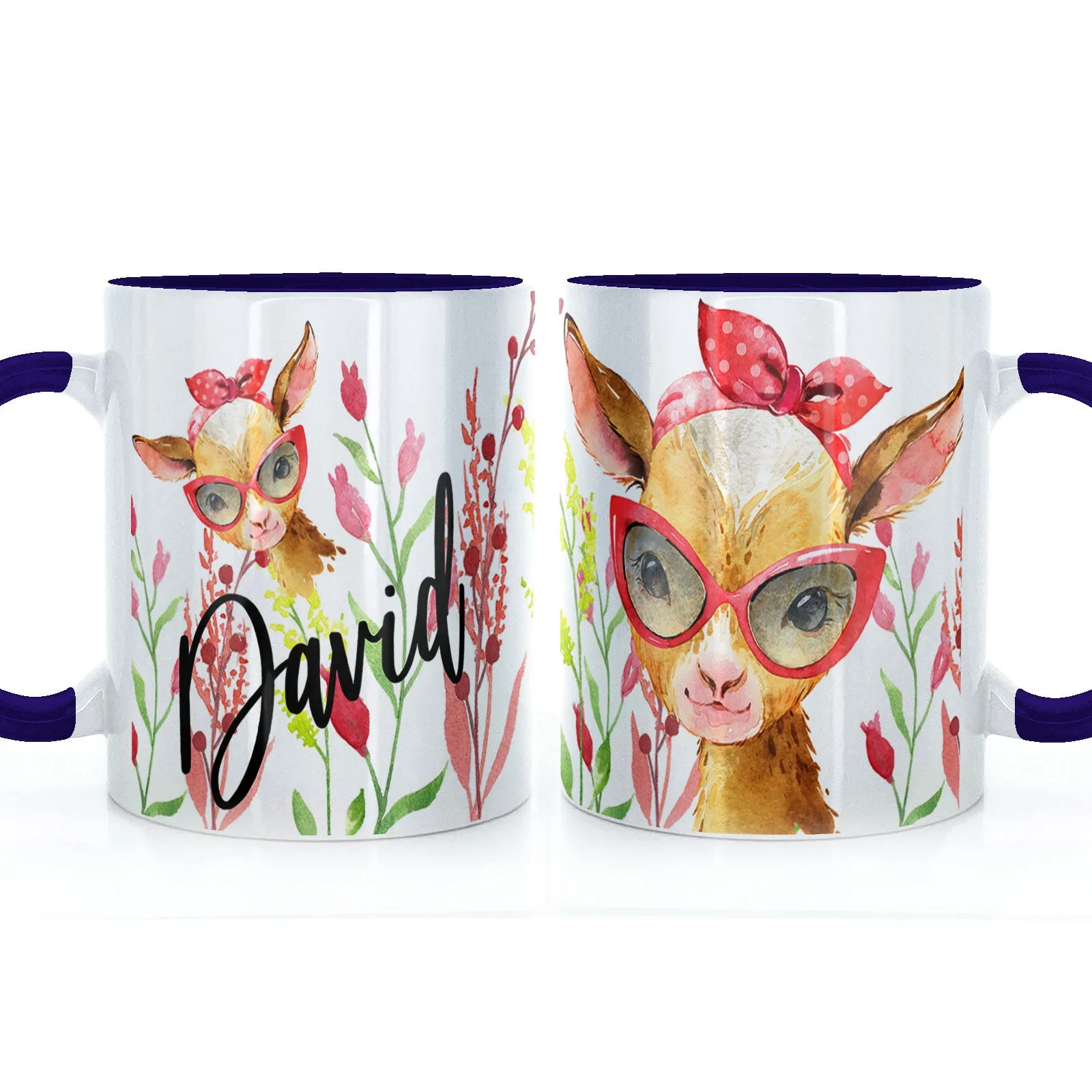 Personalised Mug with Stylish Text and Ginger Goat & Red Flowers