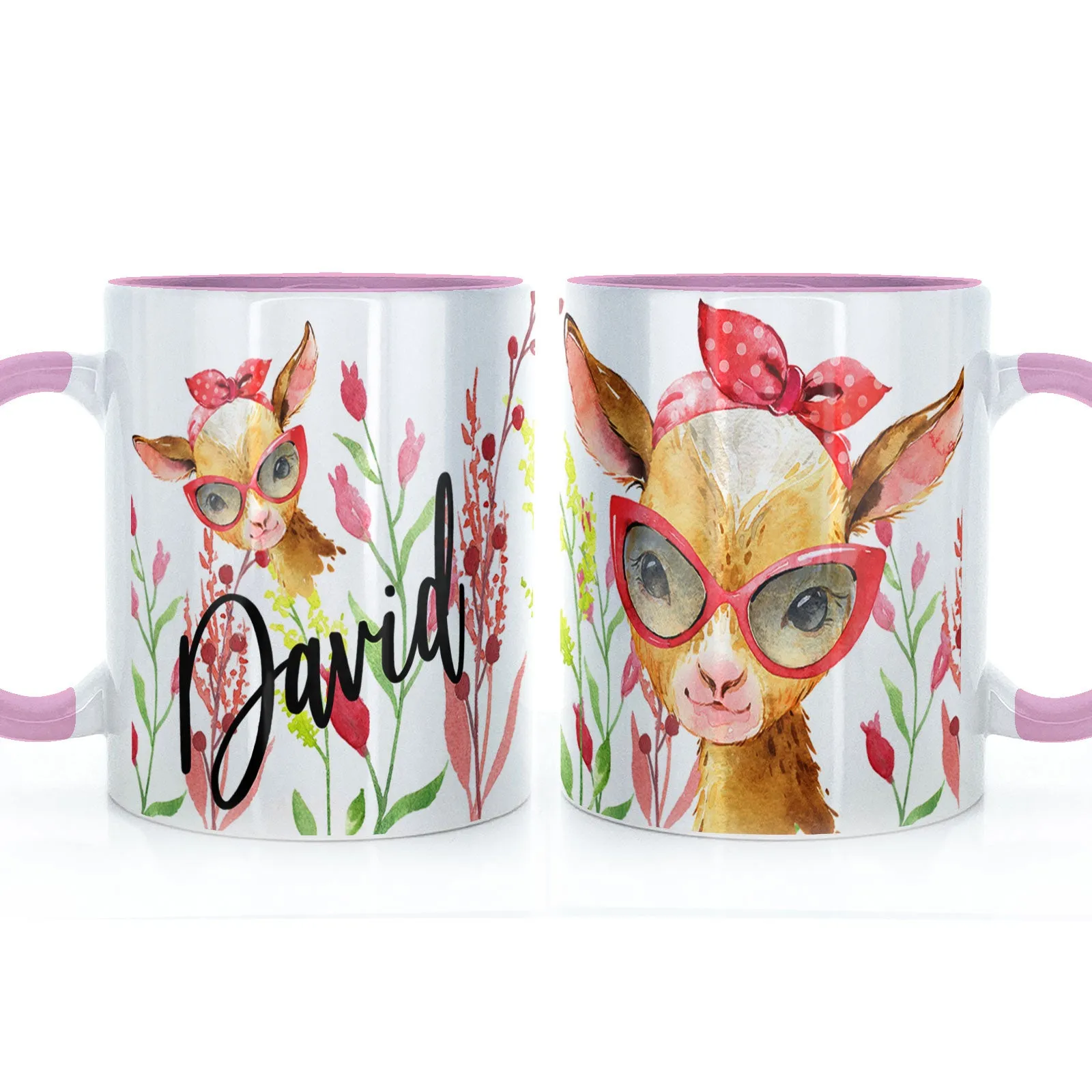 Personalised Mug with Stylish Text and Ginger Goat & Red Flowers