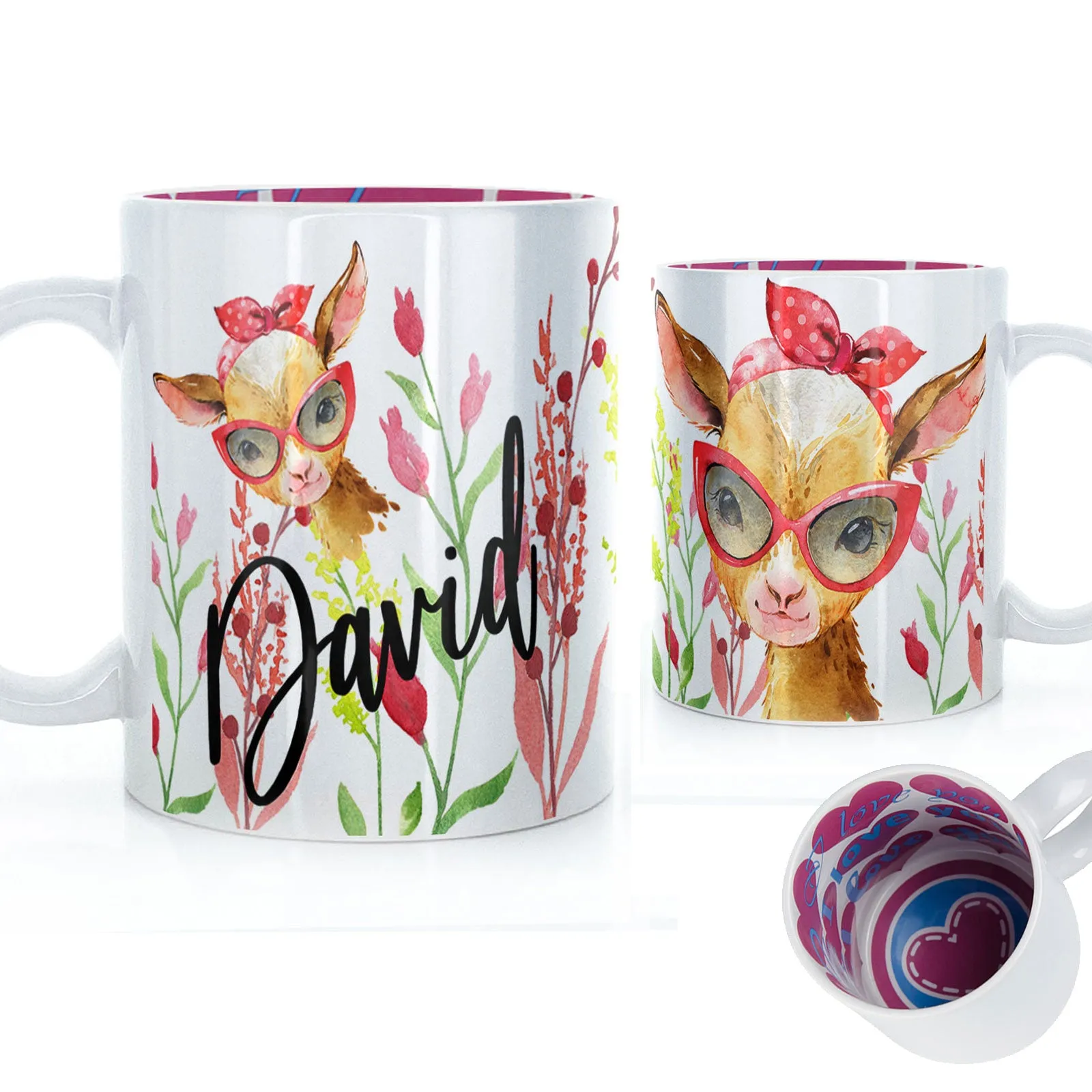 Personalised Mug with Stylish Text and Ginger Goat & Red Flowers