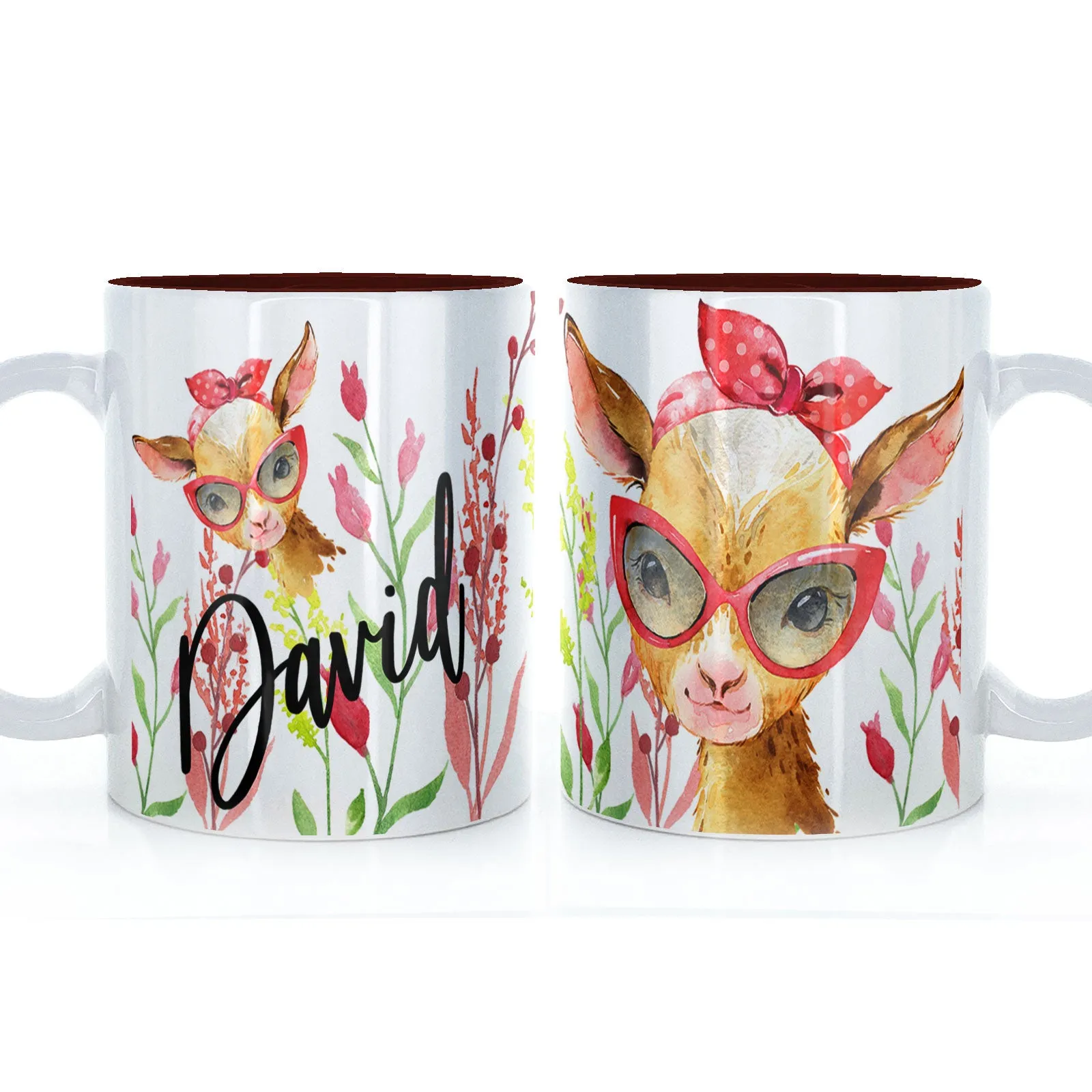 Personalised Mug with Stylish Text and Ginger Goat & Red Flowers