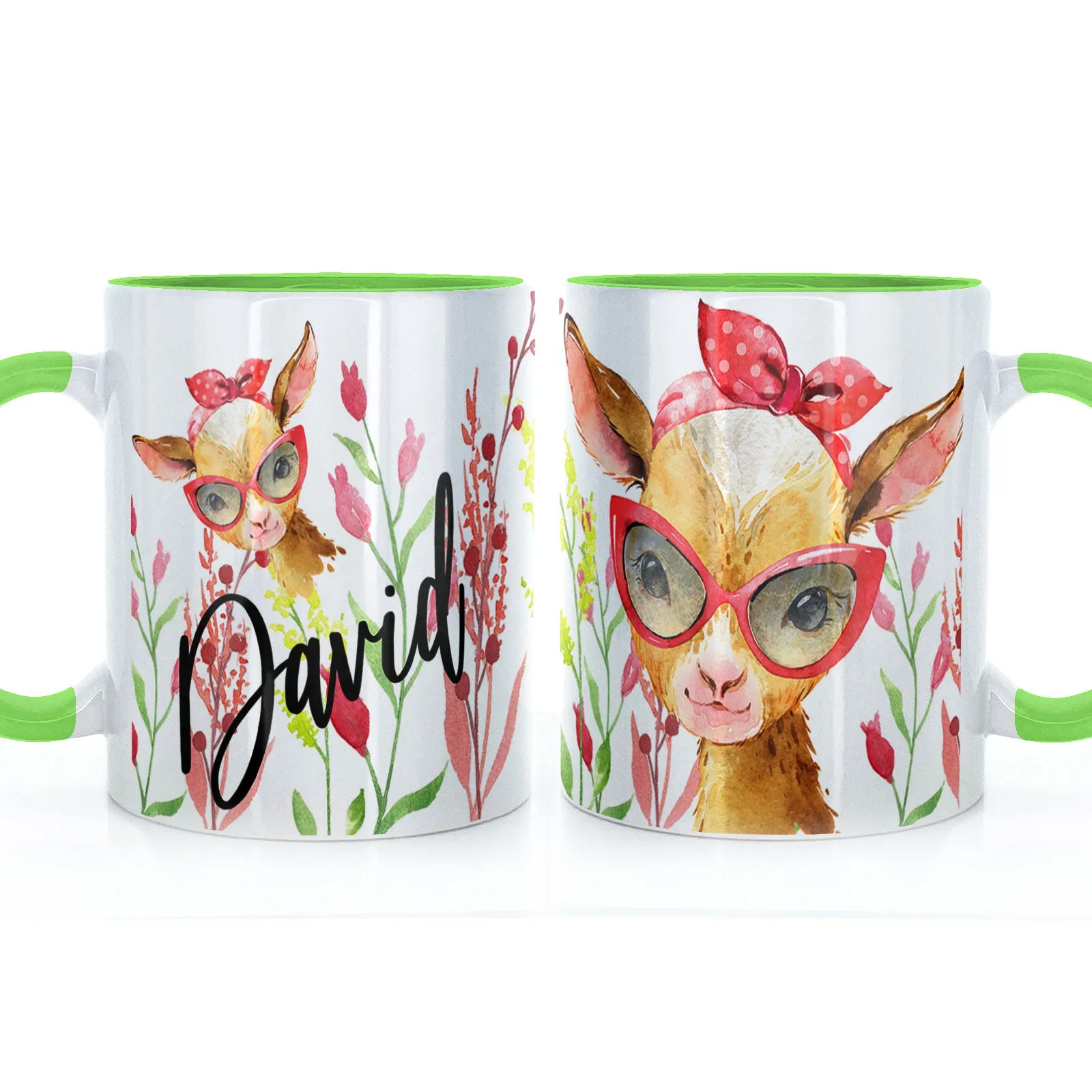 Personalised Mug with Stylish Text and Ginger Goat & Red Flowers
