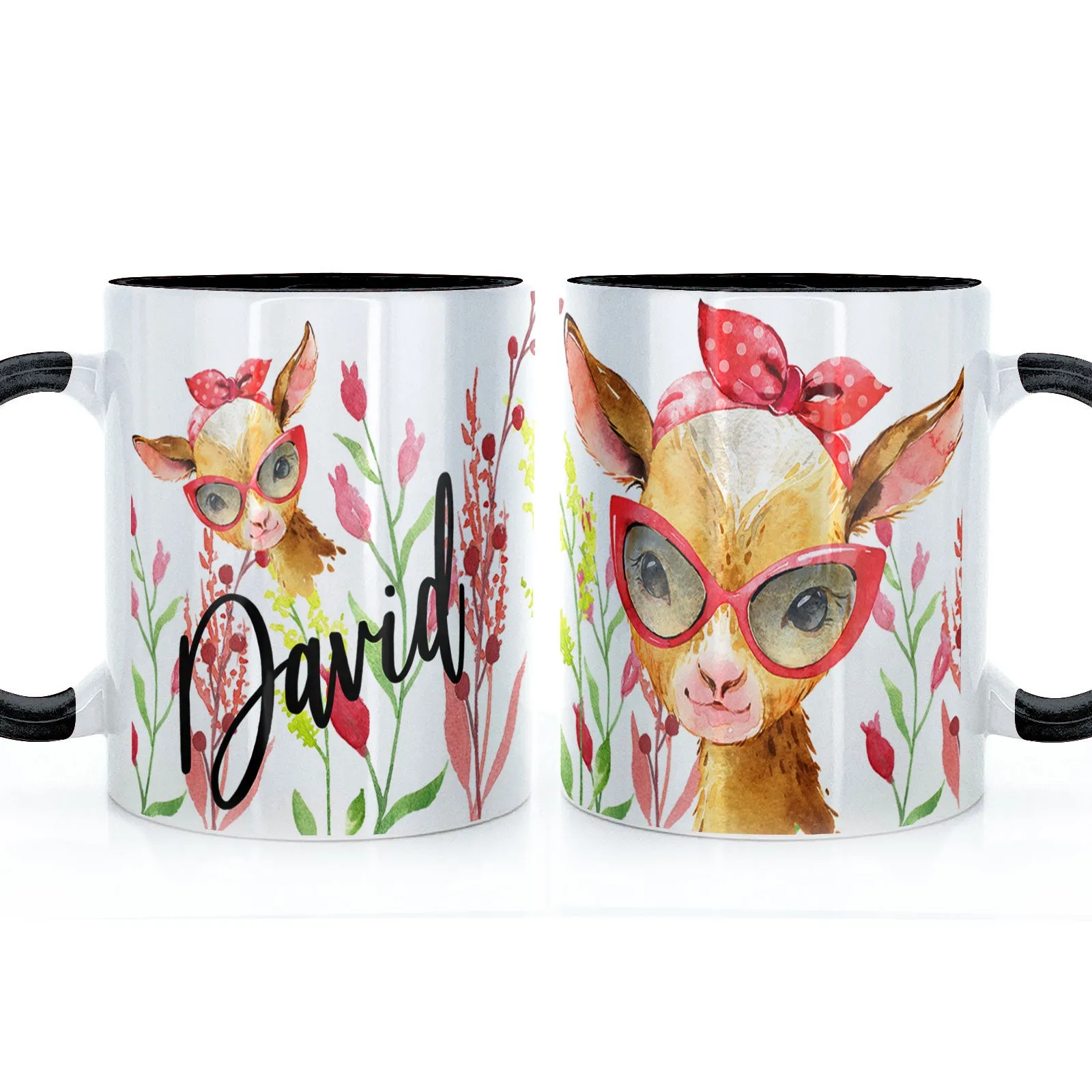 Personalised Mug with Stylish Text and Ginger Goat & Red Flowers