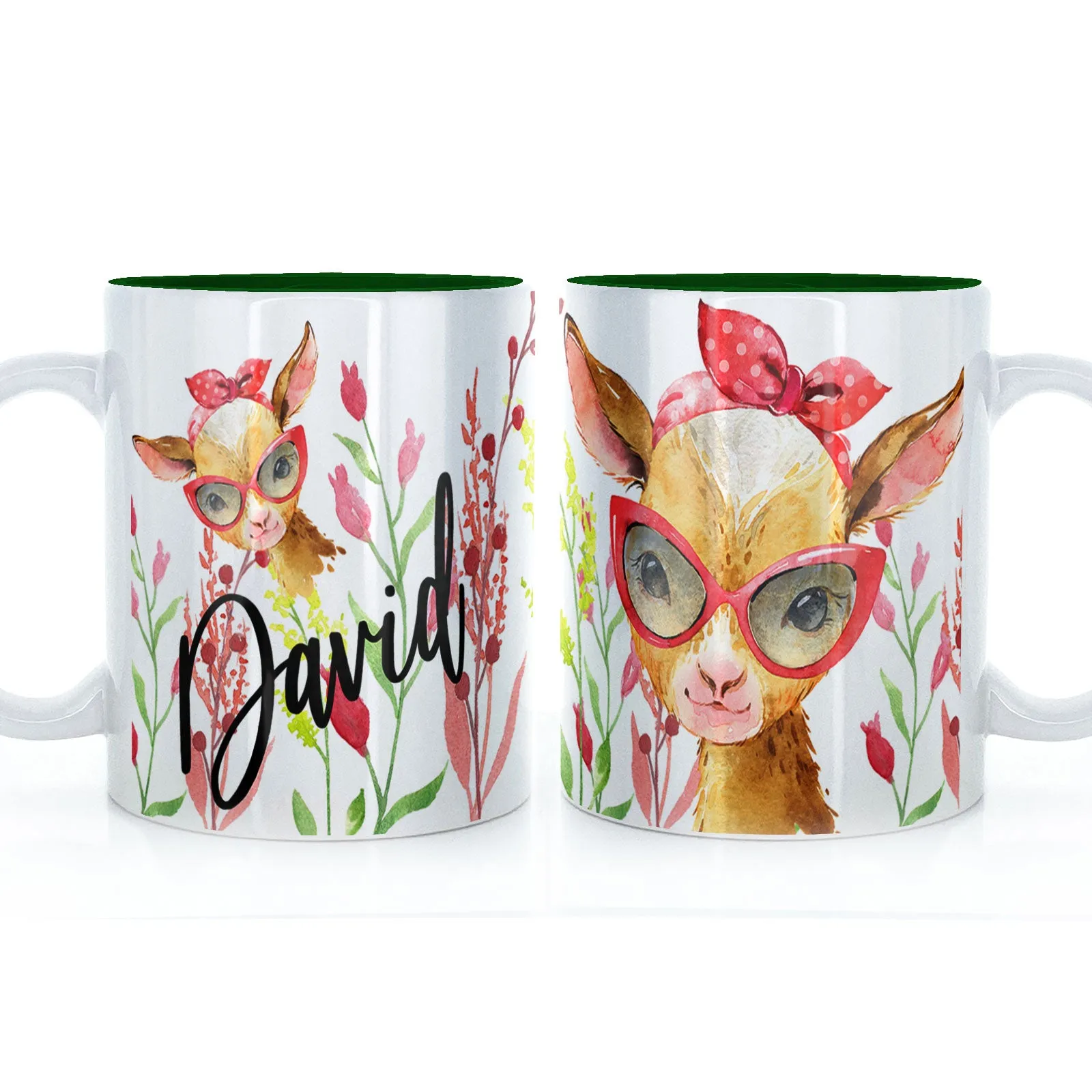 Personalised Mug with Stylish Text and Ginger Goat & Red Flowers