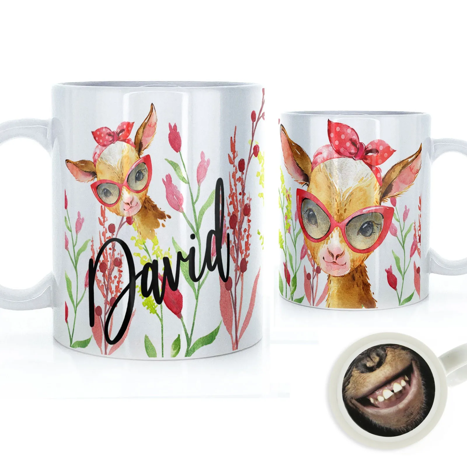 Personalised Mug with Stylish Text and Ginger Goat & Red Flowers