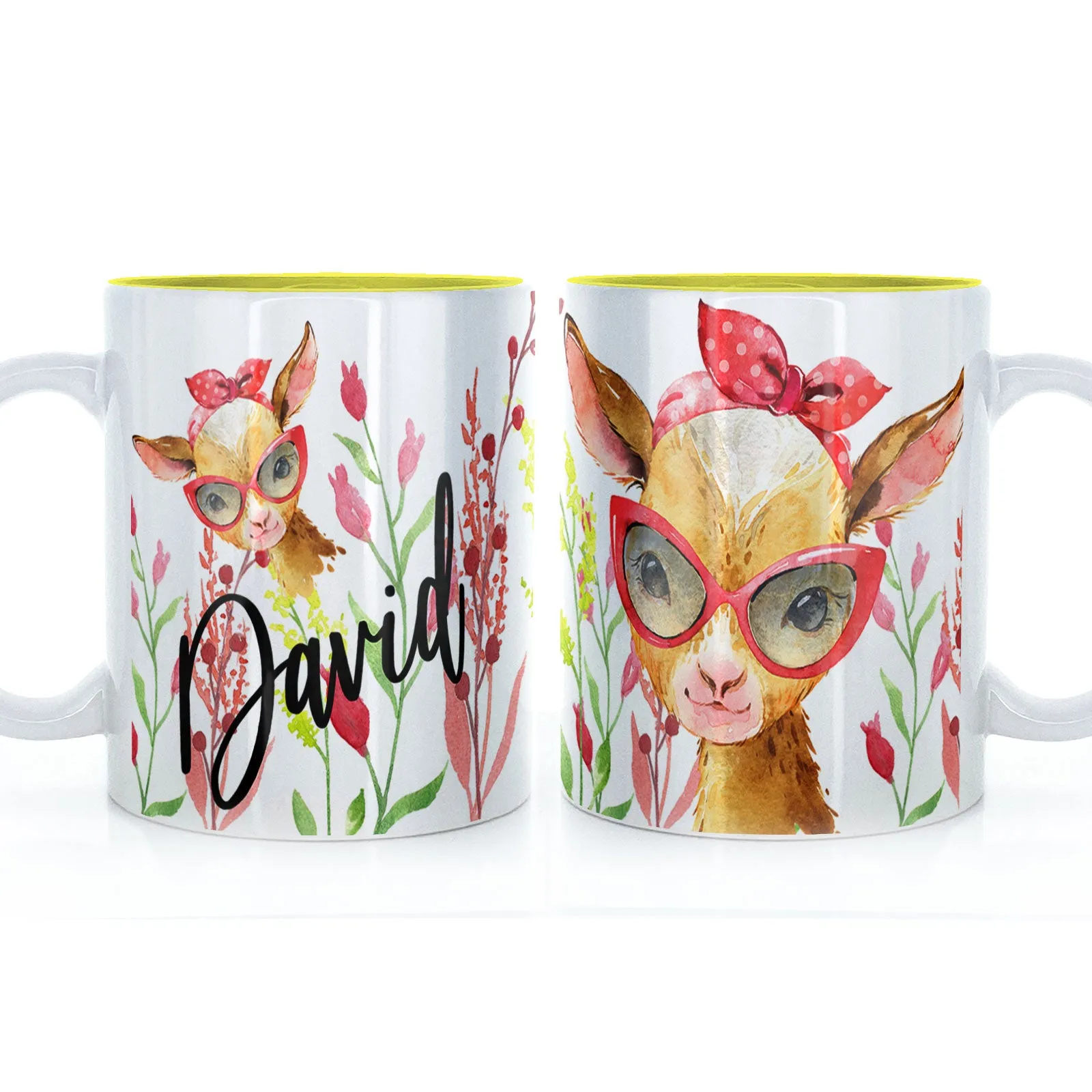 Personalised Mug with Stylish Text and Ginger Goat & Red Flowers