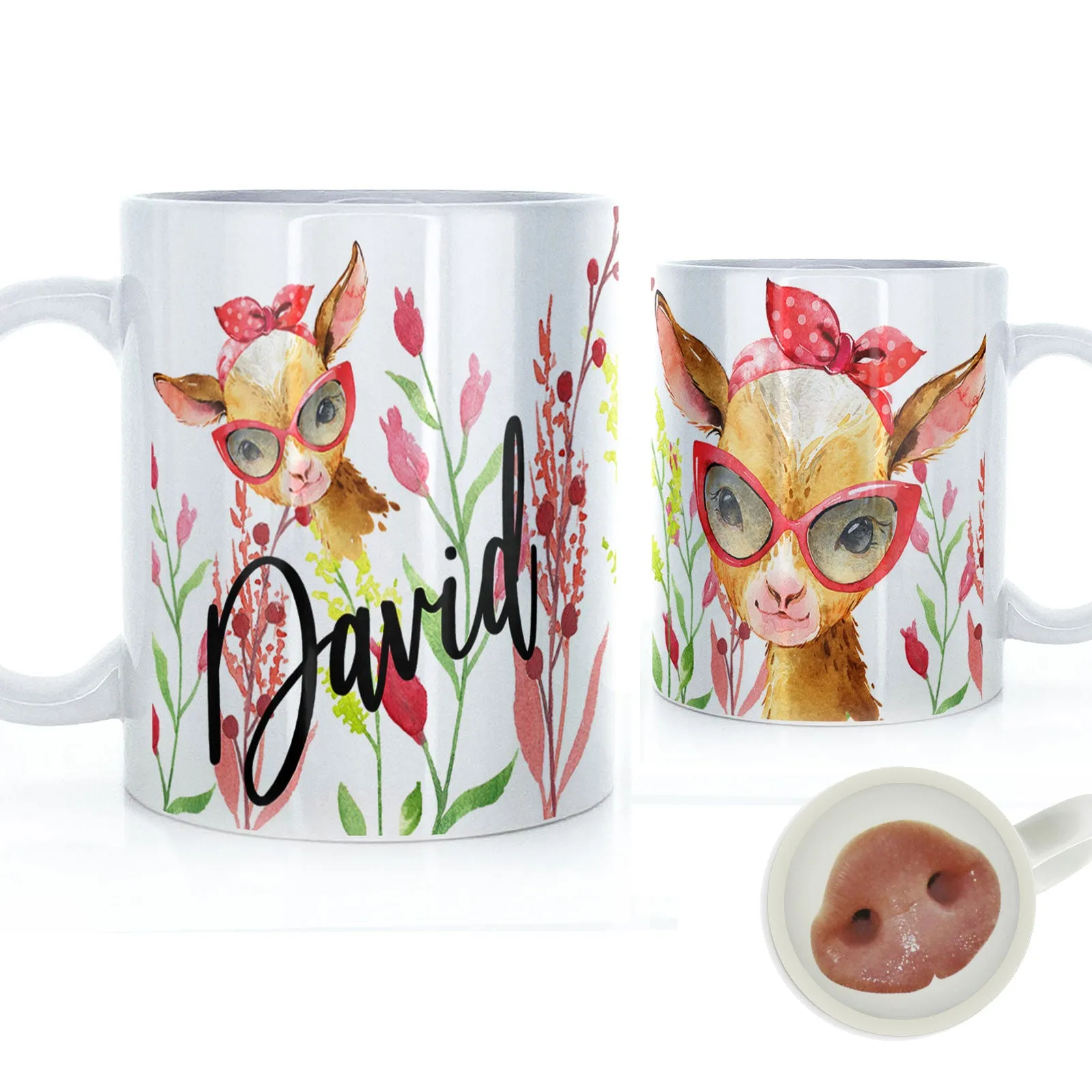 Personalised Mug with Stylish Text and Ginger Goat & Red Flowers