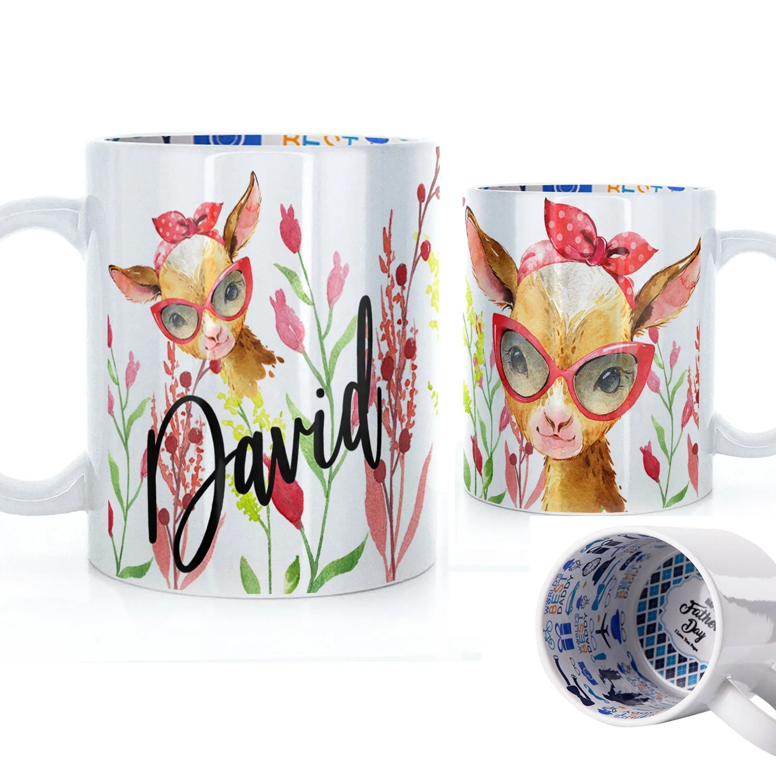 Personalised Mug with Stylish Text and Ginger Goat & Red Flowers